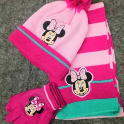 3pcs Set Disney Anime Minnie Mouse Hat Glove Scarf Autumn Winter Warm Set Kawaii Mickey Knitted Hat Children Christmas Gift