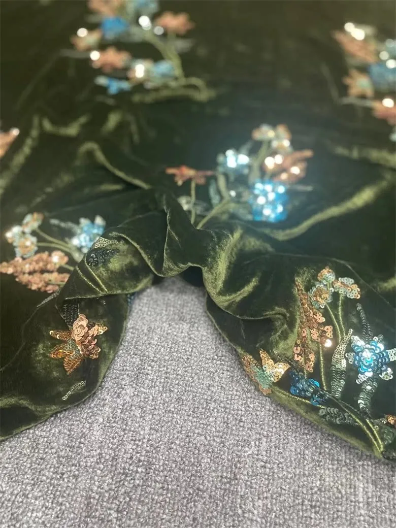Gao Ding New Army Green Bottom Silk Velvet Machine Embroidery Fabric Colored Embroidery National Style Jacket Clothing Fabric