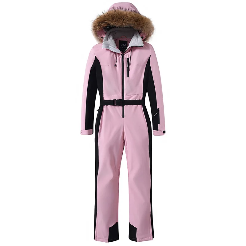 女性用ワンピーススキースーツ、スキー服、スリムフィット、アウトドア、防風、防水、暖かい、ダブルボード、接続されたボディ、ピンク、冬