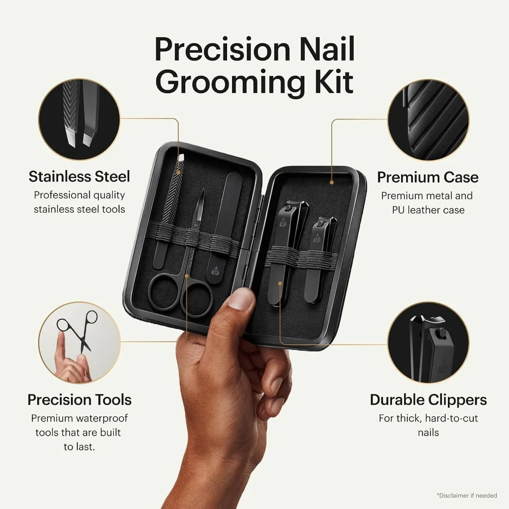 5-Piece Precision Men's Nail Grooming Travel Kit, Stainless Steel Manicure Set with Clippers, File, Tweezers, Scissors, Travel Case