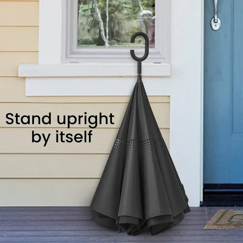 Large Inverted Reverse Umbrella, Upside-down Folding Umbrella with C-Shaped Handle Windproof Double Layer Upside Rain Umbrellas