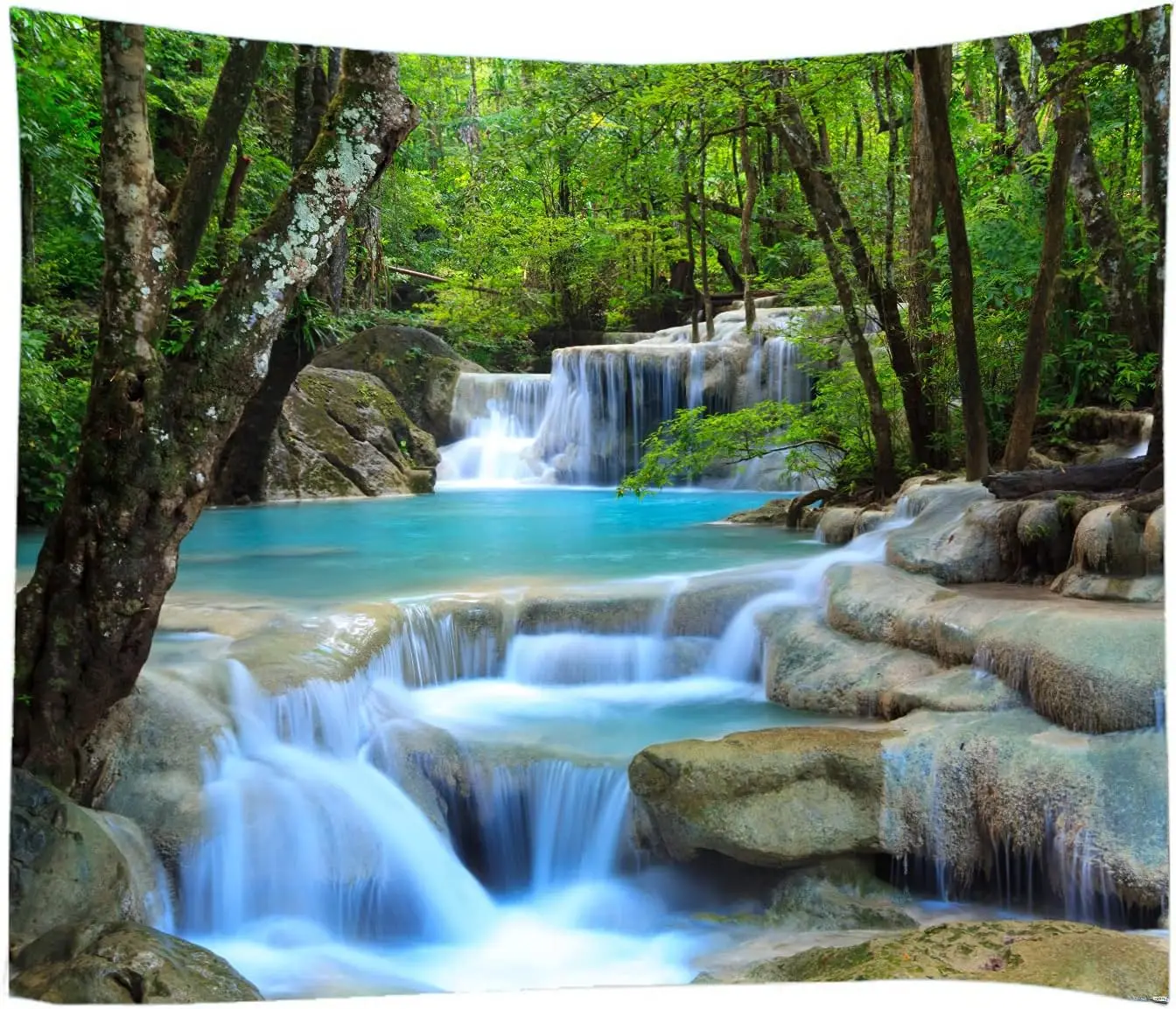 Forest Waterfall Fabric Tapestry Decorative Wall Art Tablecloth Bedspread Picnic Blanket Beach Throw Blanket Multifunctional for