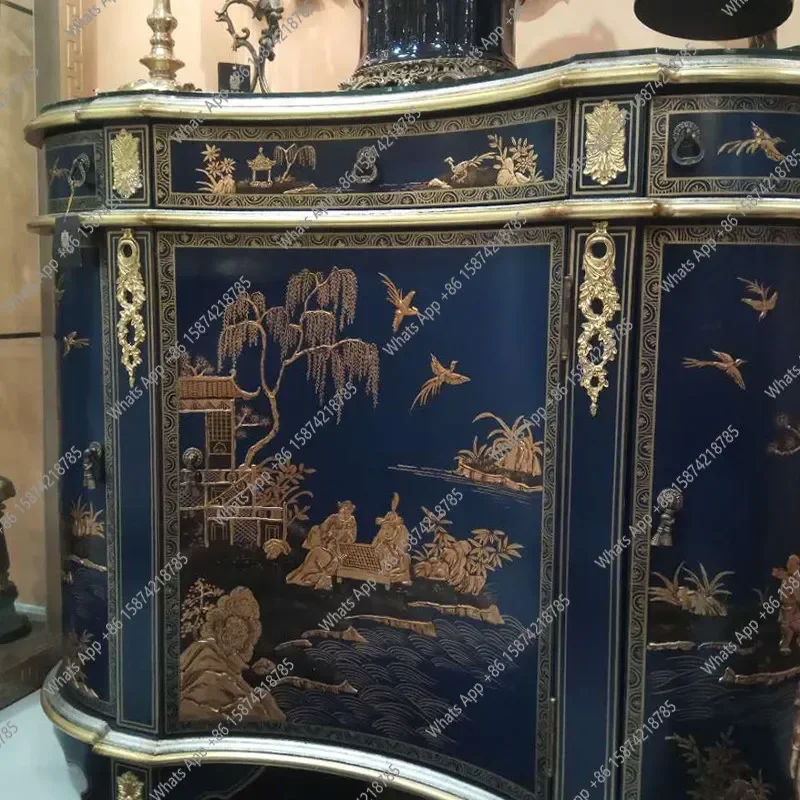 FD Xx French Chinese Style Retro Navy Blue Luxury Gold Hand-painted Big-name Entrance Cabinet Villa Foyer O