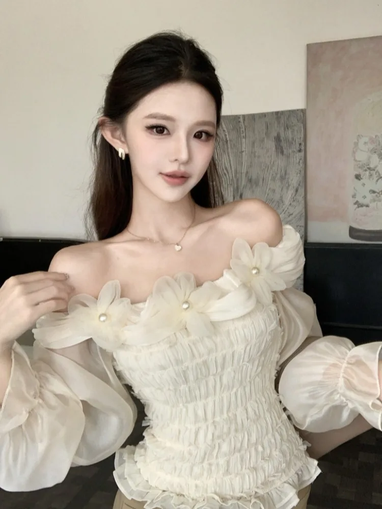 

Floral Pure Desire One Shoulder Long Sleeve Shirt Women's Fashion Spring Autumn New Style Bell Bottoms Midi Skirt Top