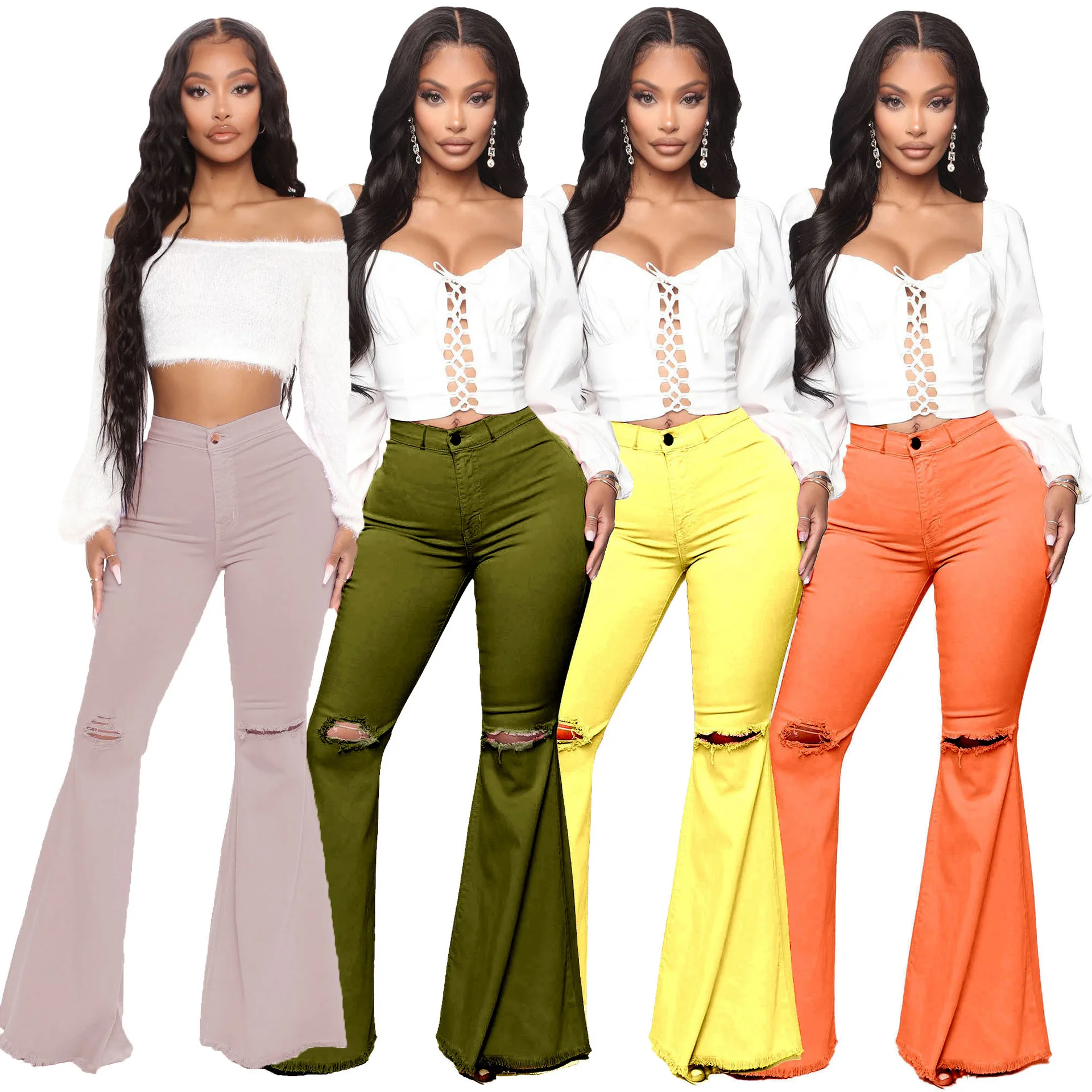Women High Waist Pants Jeans Vintage Hole Splice Button Zipper Denim Flare Pant Pocket Casual Trousers Solid Spring Summer
