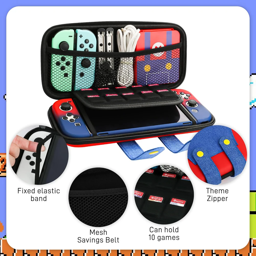 EVA-Aufbewahrungsschalter-Hülle, kompatibel mit Nintendo Switch/OLED, niedliche tragbare Switch-Tragetasche mit 10 Spielhaltern für Mario – Detail 17