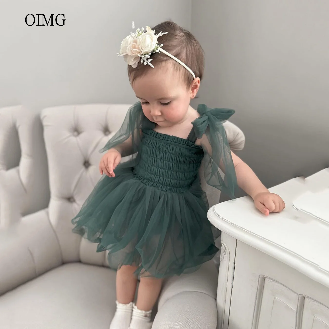 OIMG Ball Flower girl Dresses Bow Tie Straps Flowers Gown Wedding Party Dress Tulle Birthday Dress Customized