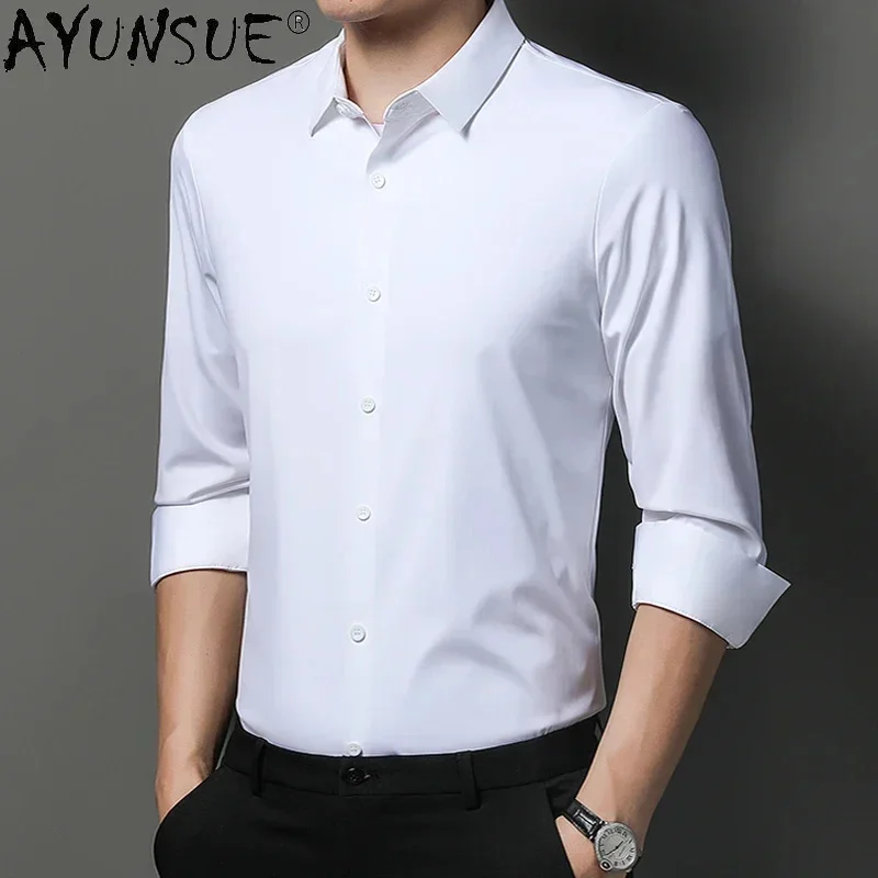 AYUNSUE Top 100% Silk Shirt Men Clothing Male Social White s Non-iron Luxury Long Sleeve Coat Business Casual s