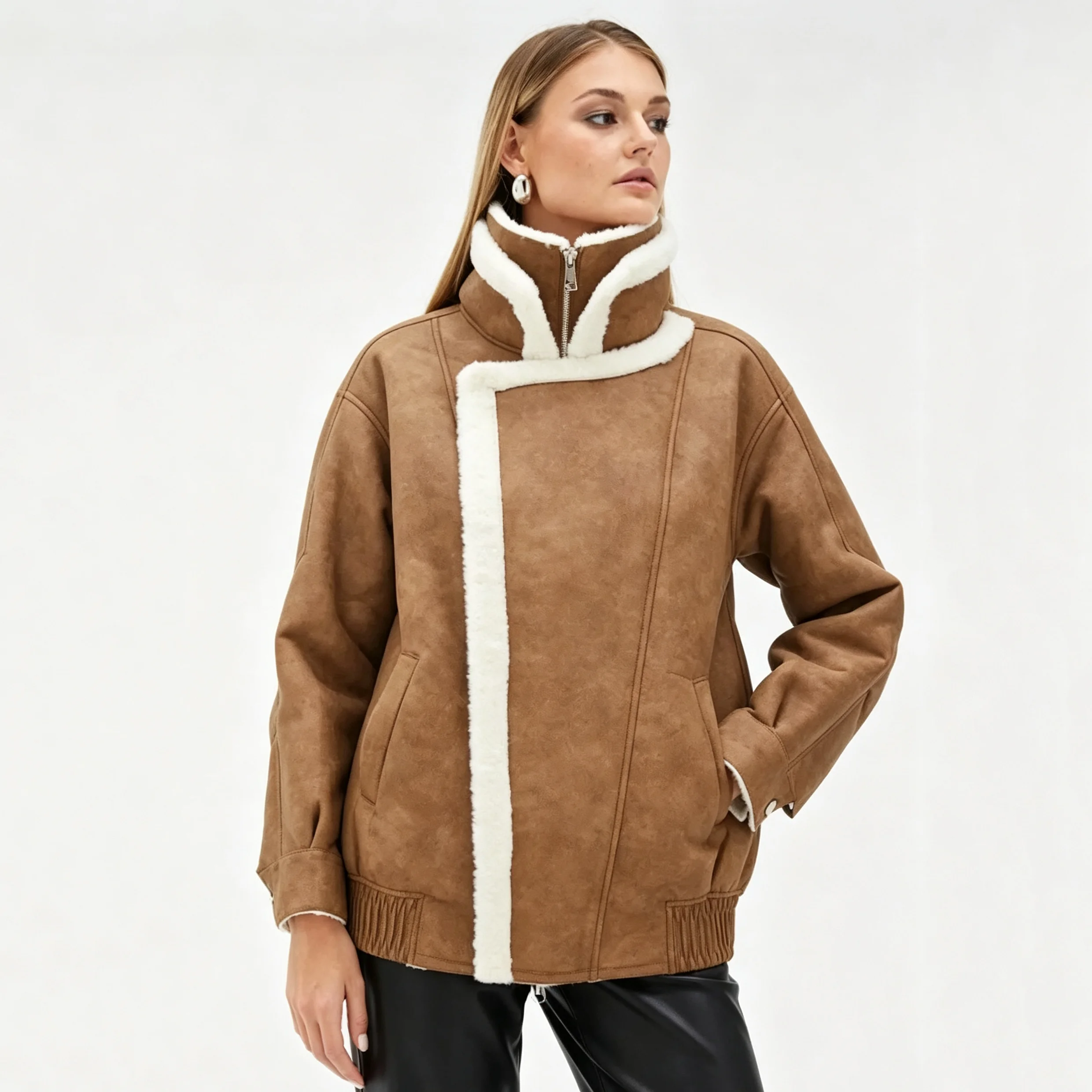 RU Ladies Faux Suede Shearling Jacket Stand Collar Asymmetrical Zip Loose Fit Ribbed Cuff Warm Fleece Lined Street Outerwear