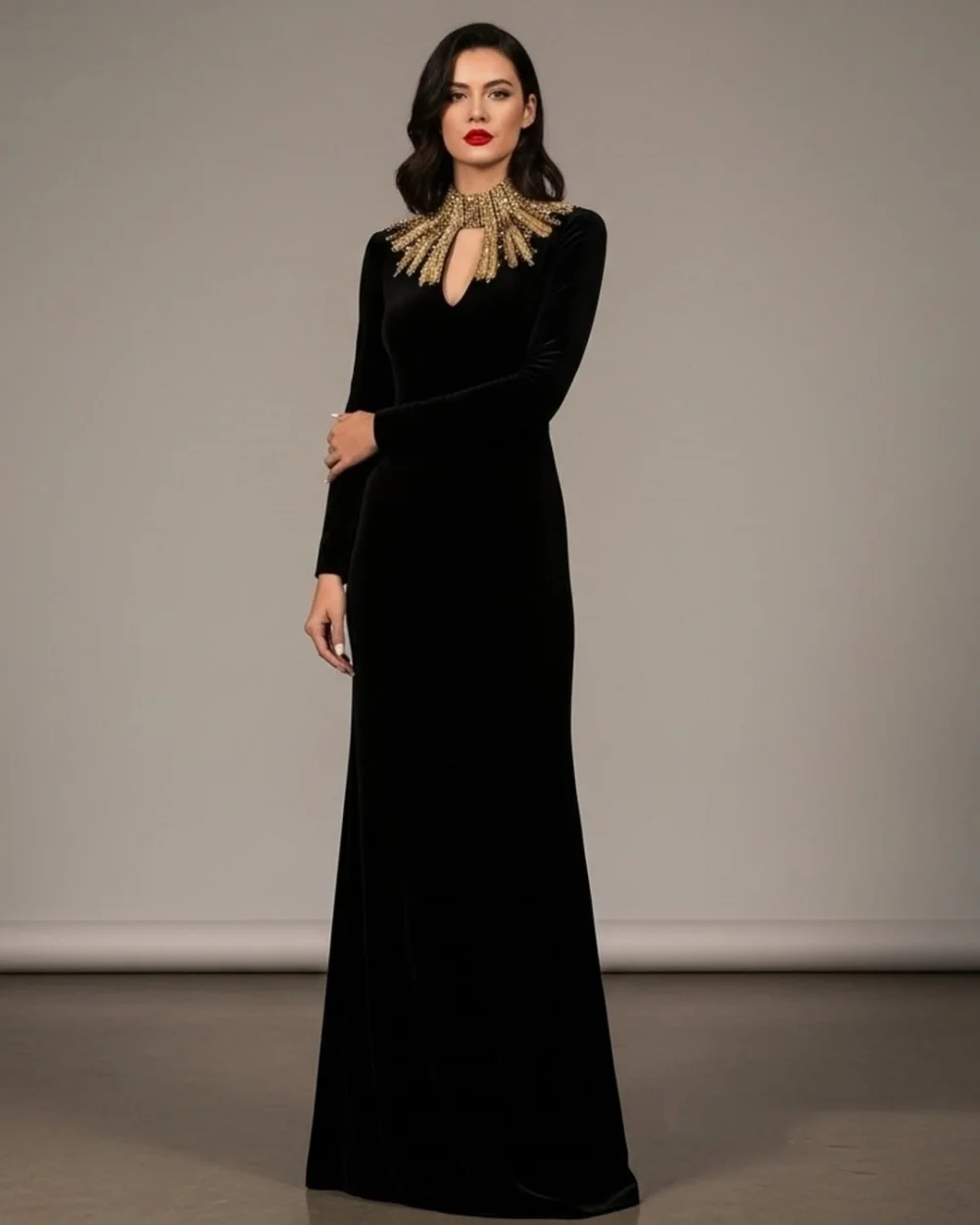 맞춤형 우아한 이브닝 드레스 하이 칼라 긴 소매 라인스톤 프롬 가운 모던 스타일 여성용 홀로우 아웃 플로어 길이 드레스