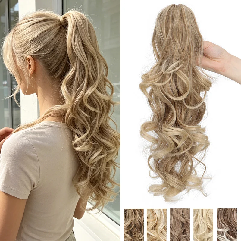 16Inch Synthetic Long Wavy Curly Ponytail Hair Extension 3 Layer Voluminous Fluffy Fake Hair Piece for Women Easy to Wear Daily