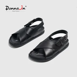 Donna-in Women Woven Flat Sandals Cow Leather Open Toe Cross-tied Solid Metal Strap Luxury Design Summer Daily Ladies Shoes