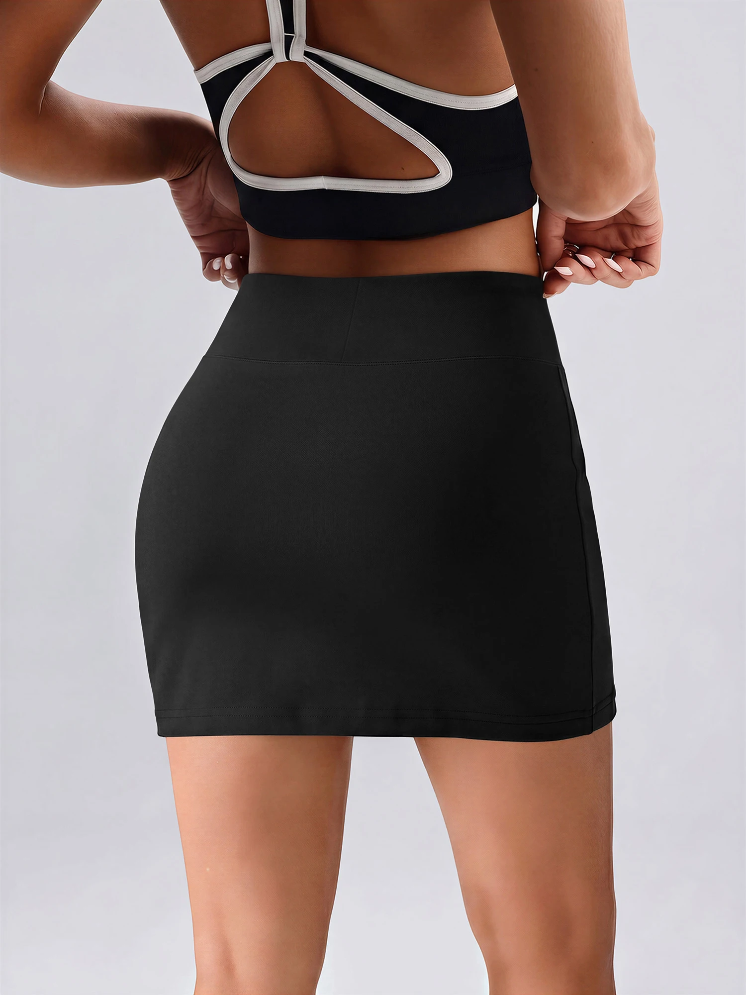 Office Casual Stretchy Mini Skirt Female Drawstring Elastic Waist Anti Run Shorts Liner Solid Black Slim Skort