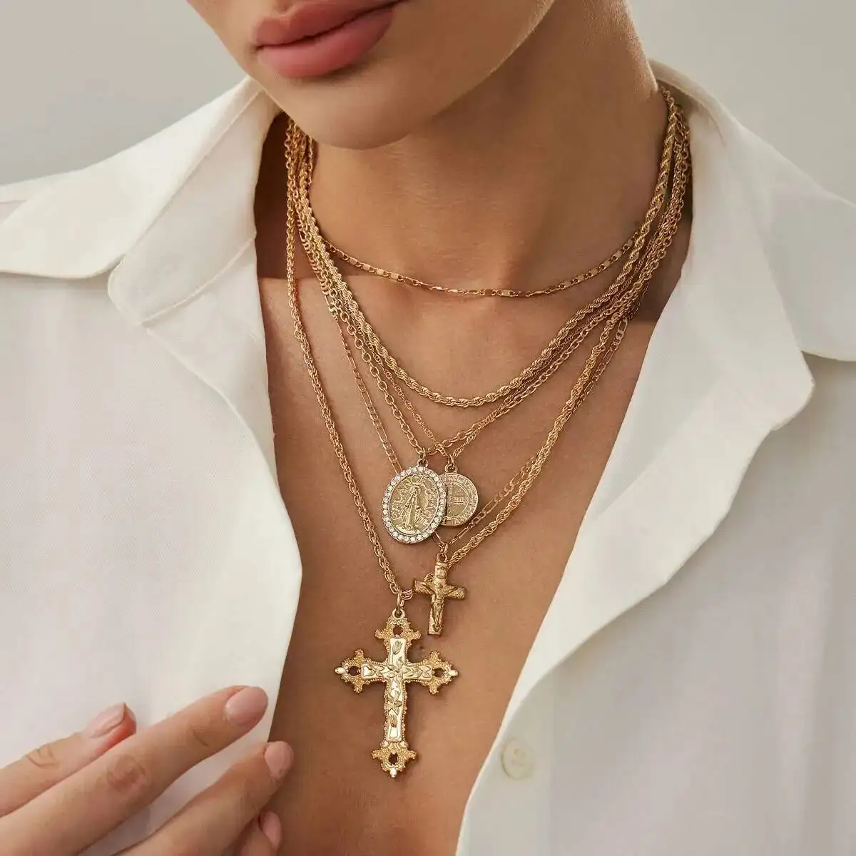 Lacteo 6 Pcs Trendy Retro Gold Color Jesus Cross Pendant Necklace Set Punk High Quality Multilayer Charm Neck Jewelry Accessoriy