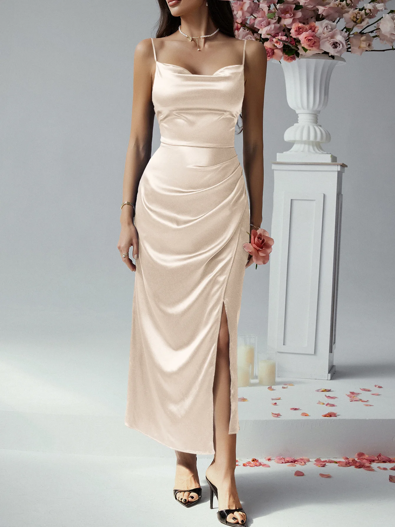 

Women's 4 Colors Midi Dress Spaghetti Strap Square Collar Ruched Split Bodycon Formal Evening Party Wedding Guest Gown