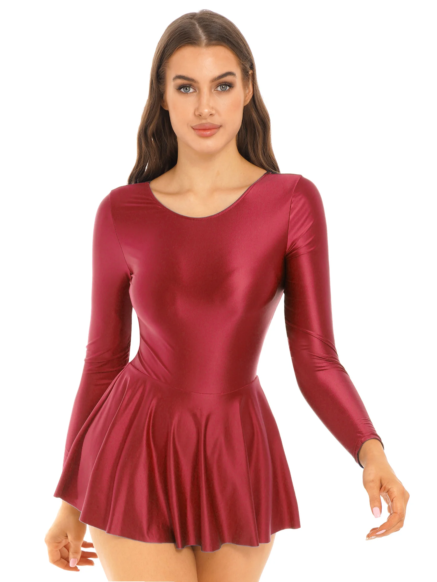 Womens Glossy Long Sleeve Ruffled Dress Solid Color Round Neck Leotard Dresses for Sports Ballet Dance Swimming