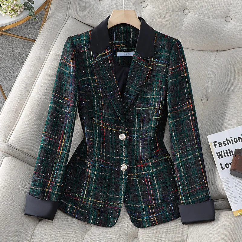 Luxury Ladies Black and White Plaid Fashion Small Fragrance Tweed Commuter Short Suit Women's High Strecth Blazers