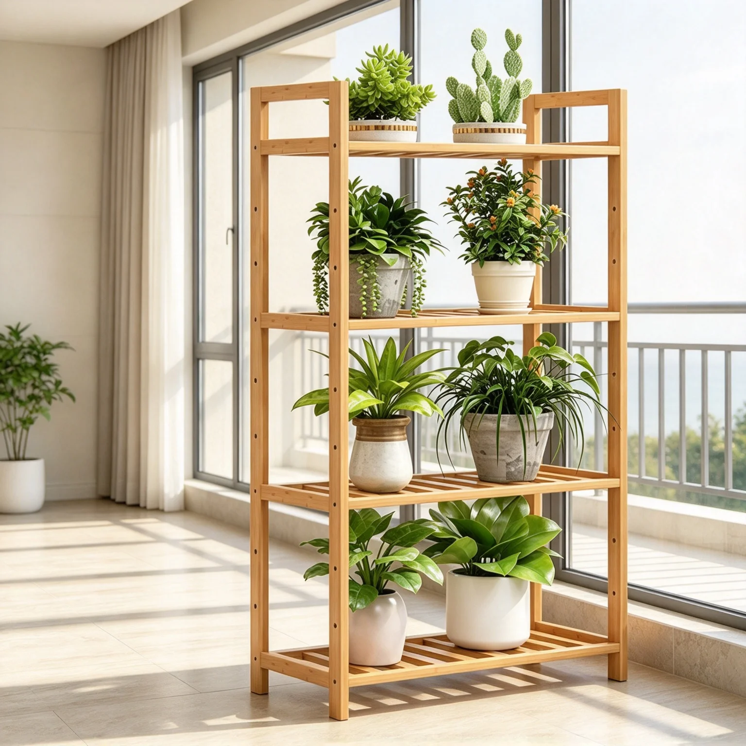 Portavasi in bambù a 4 livelli, scaffale per fiori in legno da 60 cm, scaffale a più livelli per piante da interno, scaffale espositivo autoportante per balcone e giardino.