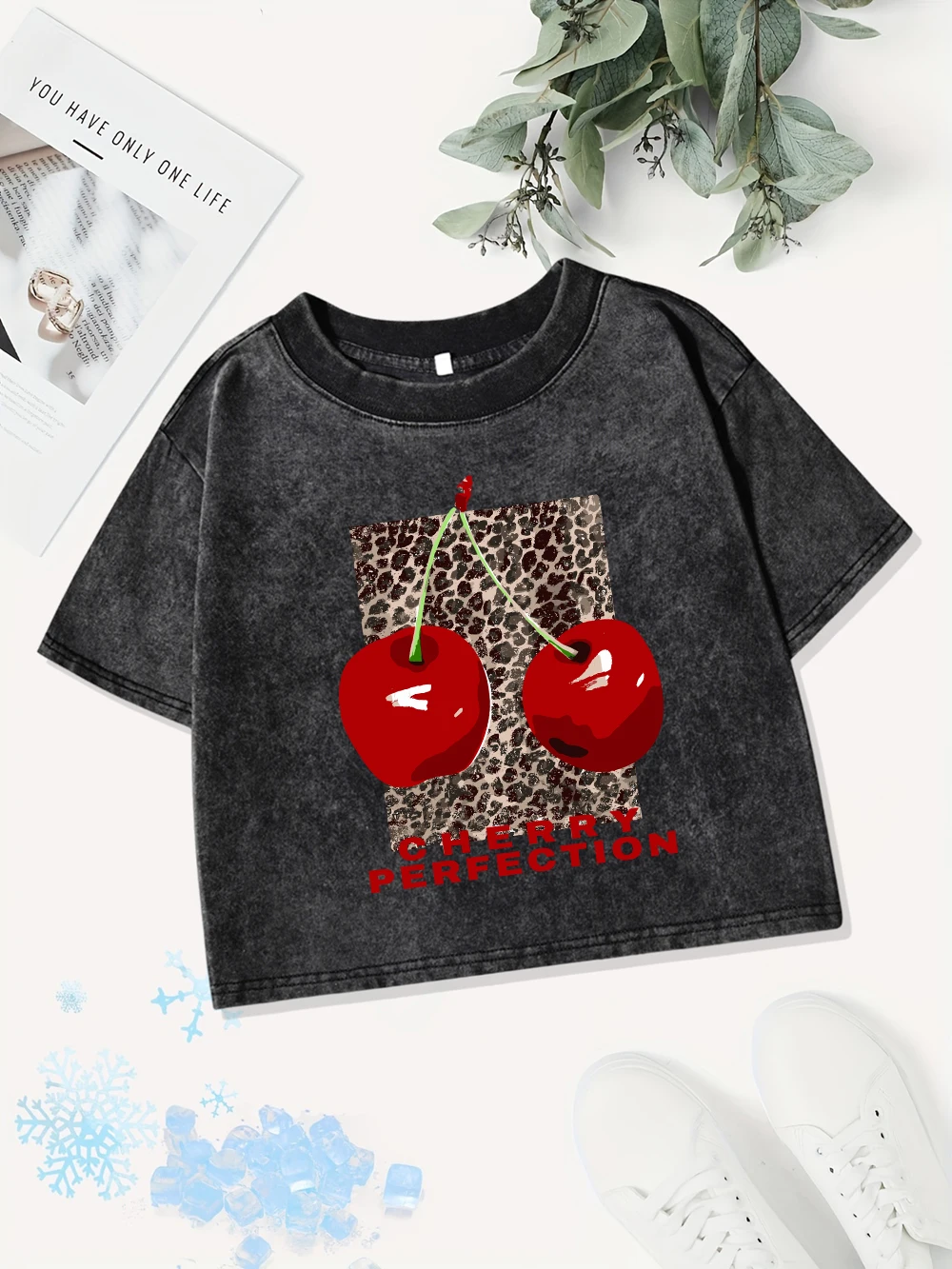 

Summer Cotton Crop Tops Womens Cherry Perfection Leopard Prints Washed T-Shirts Y2K O-Neck Regular Fit Streetwear Casual Clothes