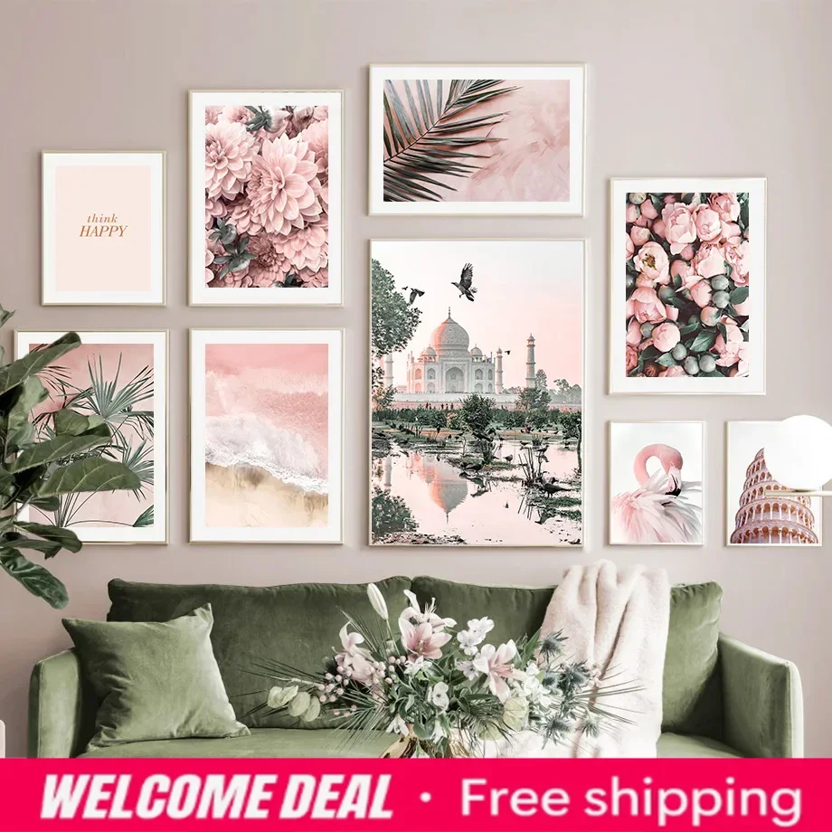 2026  Canvas Painting Pink Bloom Peony Flower Palm Leaf Flamingo Mosque Posters And Prints Living Room Home Decor Wall Art Pi