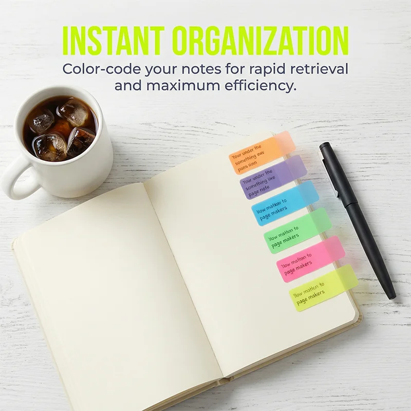 MOTARRO Index Tabs 6 Colors, PET Transparent Page Flags 10 Sheets Self-Adhesive Sticky Notes, Colorful Memo Tabs for Office Scho