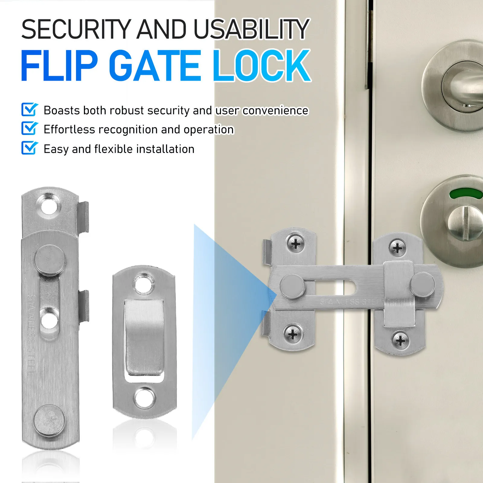 4Pcs Door Latch Lock Stainless Steel Sliding Barn Door Flip Latch Safety Bolt for Cabinet Bathroom Garage Garden Outdoor