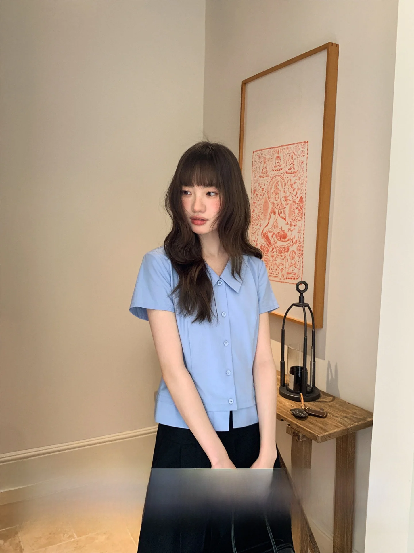 

Blue Short Sleeve Shirt Women's Summer New Style Cannon Breathable Collar Slim Fit Korean Style Casual Shirt