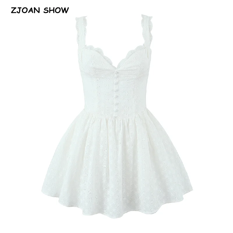 2024 Sexy White Hollow out Embroidery Lace Cotton Corset Style Mini Dress Women V Low Chest Ball Gown Swing Party Robe