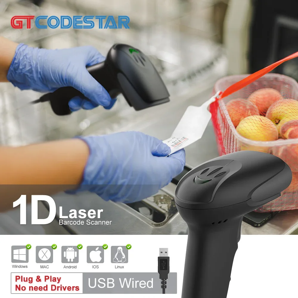 GTCODESTAR Laser Wired USB Cable Barcode Scanner Support 1D Bar Code Scanner