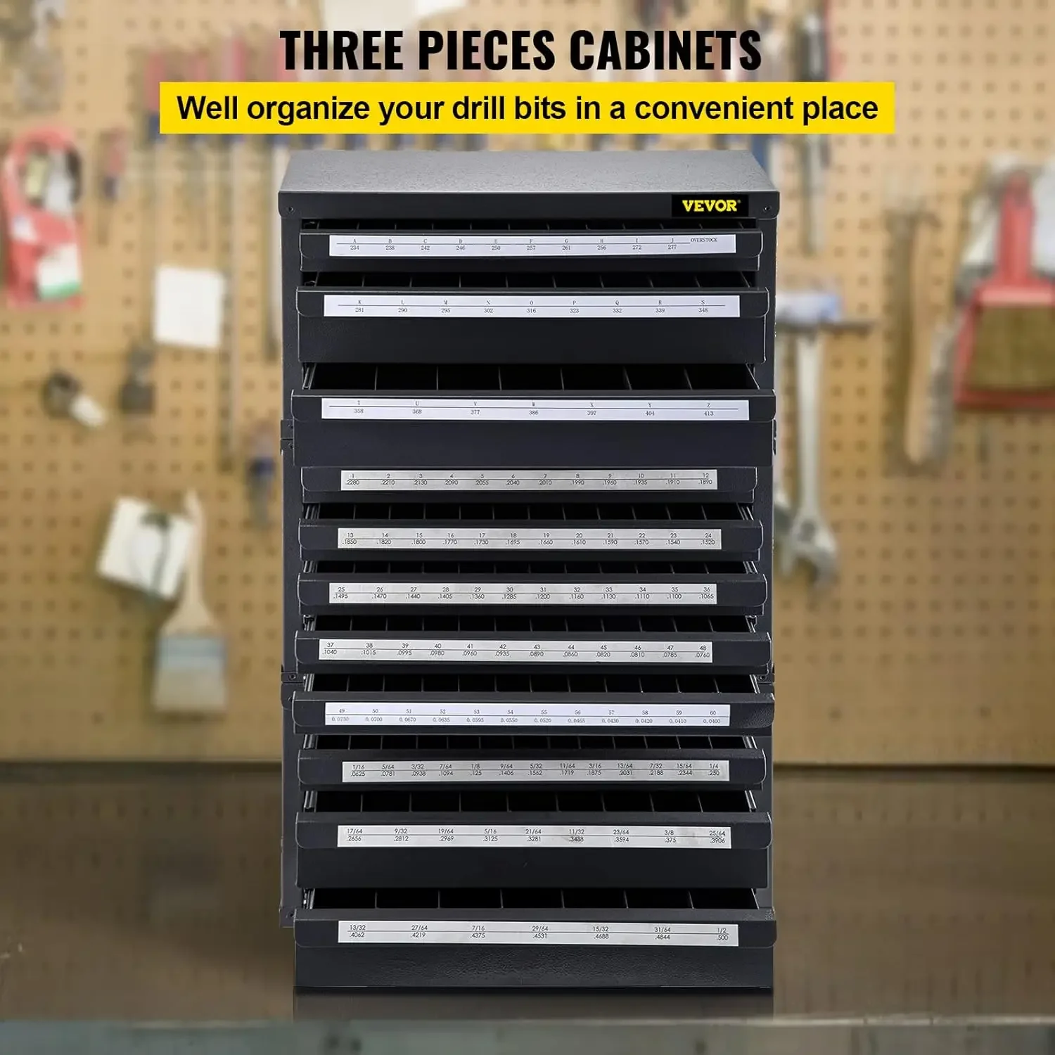 Drill Bit Dispenser Cabinet Set, Three-Drawer for 1/16