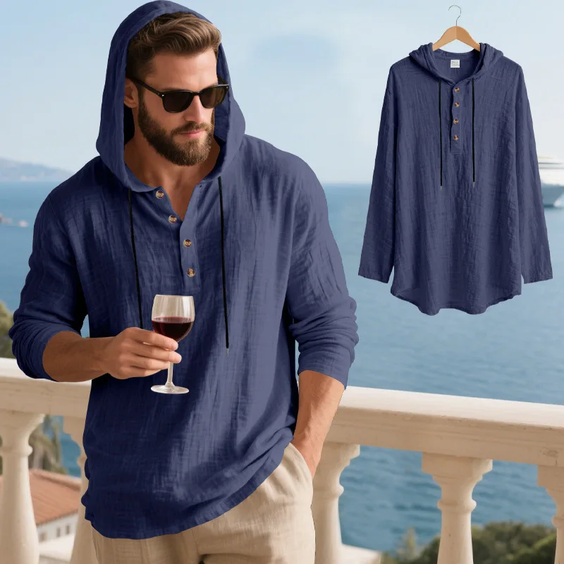 25 Cross-Border Linen Hooded Men's Long Sleeve T-Shirt Breathable Beach Henry Bottom T-Shirt