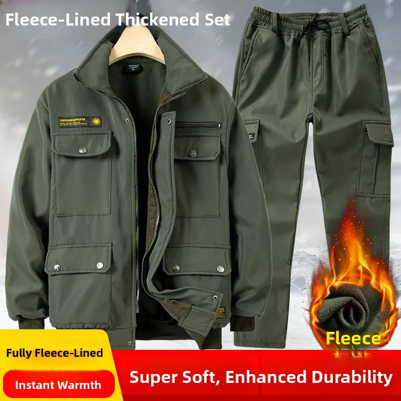 Thickened Fleece Winter Workwear Set Men's Cold Resistance Warm Labor Protection Clothing Building Maintenance Cotton Suit