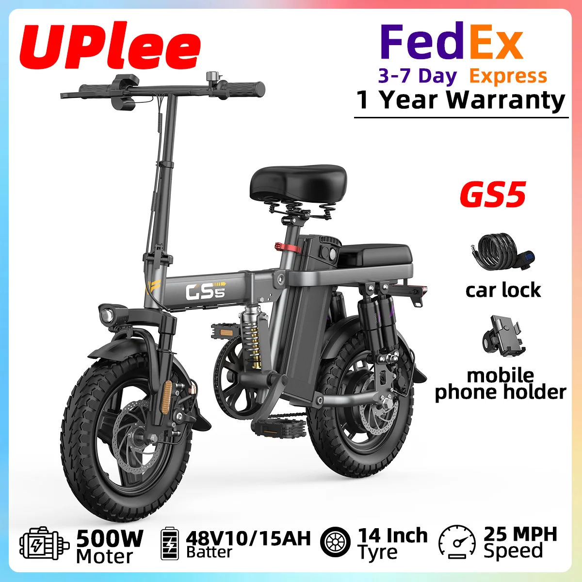 

UPlee GS5 750W Peak Motor Electric Bike 48V15AH Removable Battery Electric Bicycle 14Inch Folding Multiple shock absorbers ebike