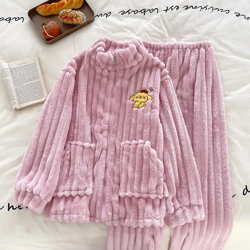 

Student Japanese Kawaii Sweet Sleepwear Women's Autumn Winter Pompom Purins Cartoon Anime Thick Warm Leisure Home Clothing Set