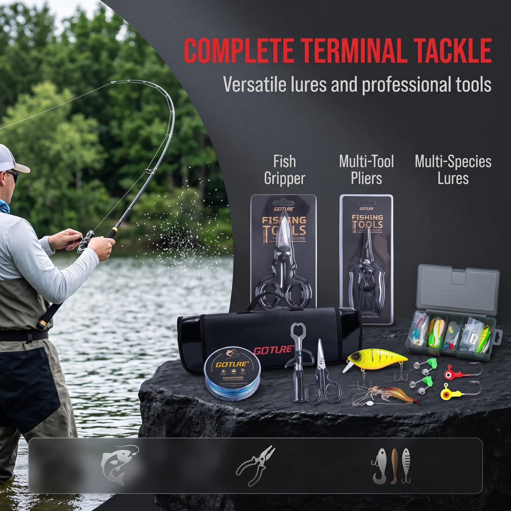 Goture Telescopic Fishing Rod Spinning Reel Combo Full Kit Carbon Fiber Sea Pole with Lures Hook PE Line Tackle Bag Fishing Gear