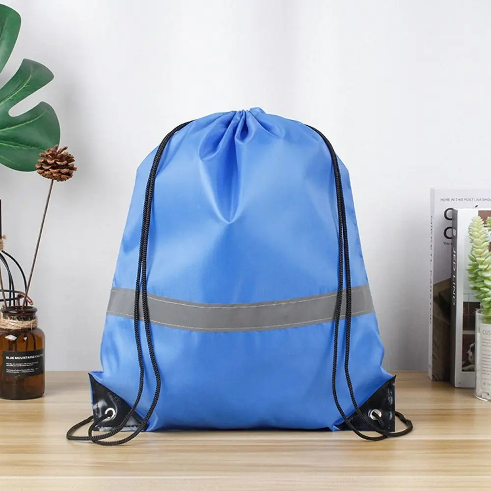 Reflective Stripe Drawstring Gym Backpack Waterproof 210D Polyester Nylon Sports Shoulder Bag All-Match Foldable Fitness Handbag