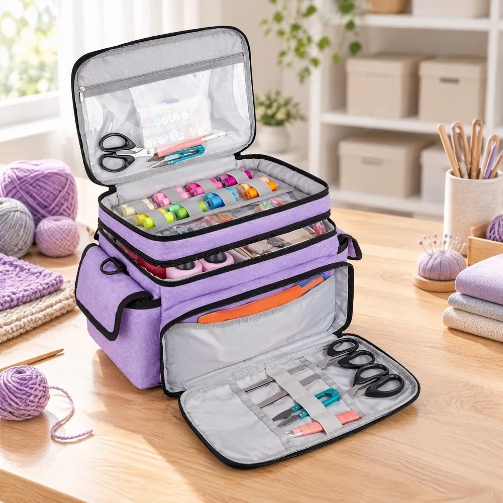 Double Layer Sewing Case with Two Removable Dividers for Threads Needles Scissors and Small Craft Items Storage