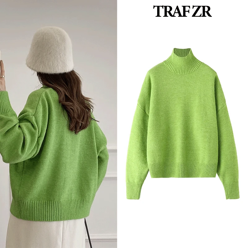 TRAF ZR Cozy Sweaters Solid Turtleneck Pullovers Y2k Vintage Top Minimalist Pullovers Harajuku Vintage Long Sleeve Sweaters