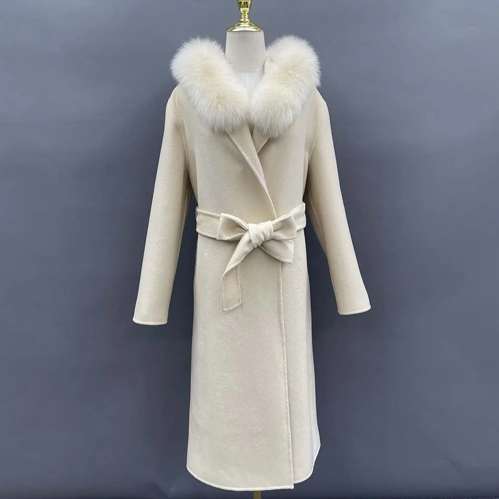 

MISSJANEFUR Cashmere Coat with Fox Fur Hood Women 2022 Long Winter Belted Trench Peacoats Wholesale Korean Fashion Wool Overcoat