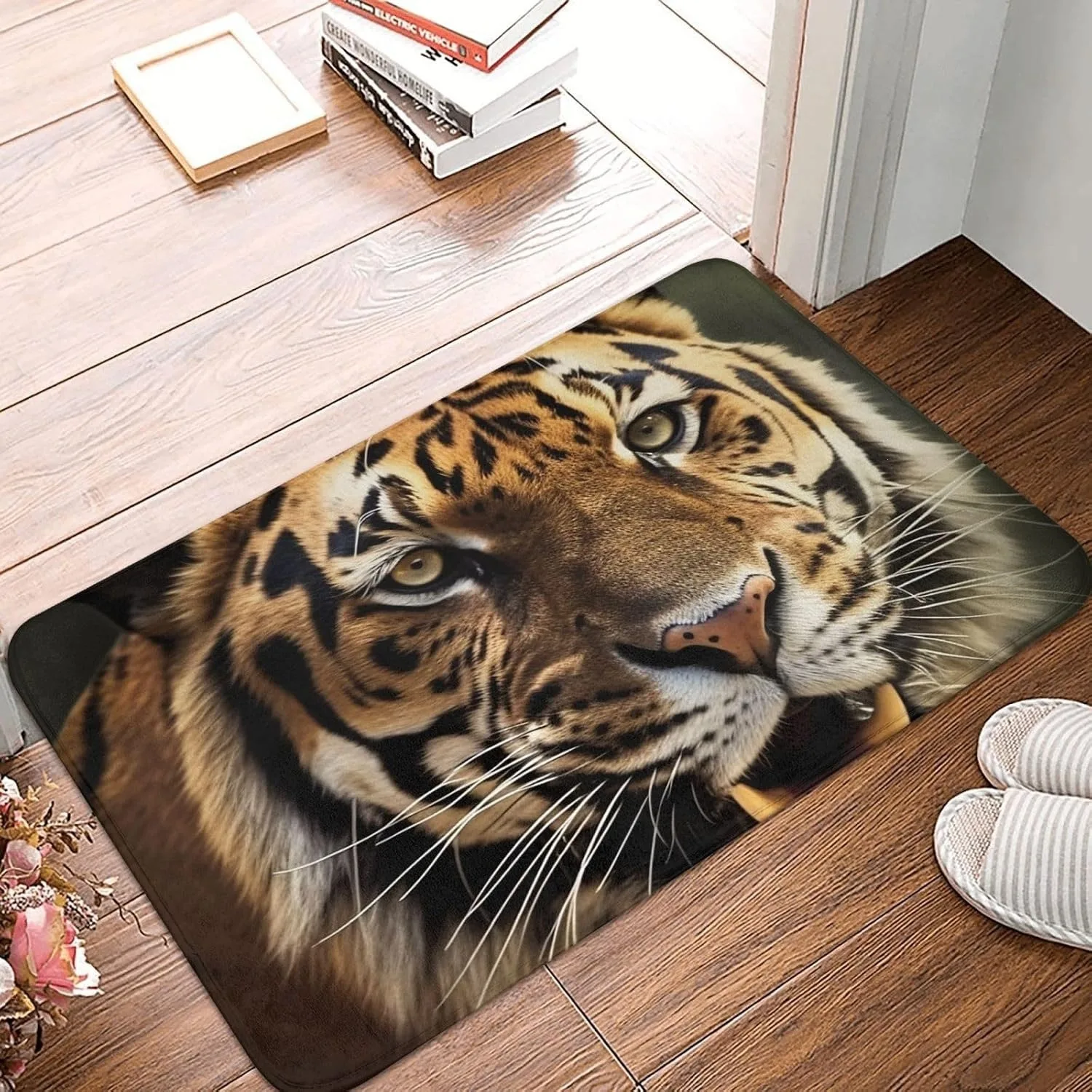 Menacing Tiger Head Realistic Wildlife Print Flannel Floor Mat Home Rug Decor Soft Cozy Entrance Door Mat Large Size