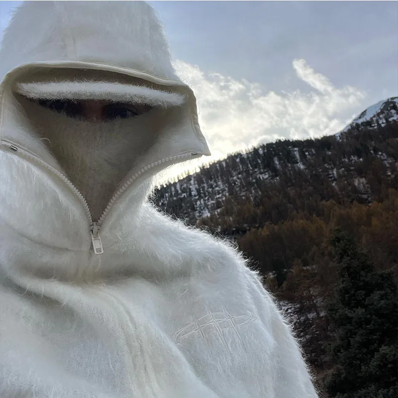 Modna bluza z kapturem z haftem, zamszowa, ciepła, z maską, w stylu europejskim i amerykańskim, trend jesień/zima 2025