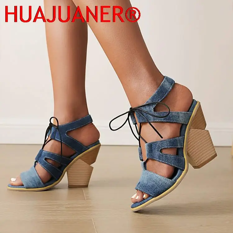 

Womens Peep Toe Denim Jeans Lace Up Sandals Chunky High Heel Cut Out Shoes Summer Roman Snake 5Colors Plus Big Size New