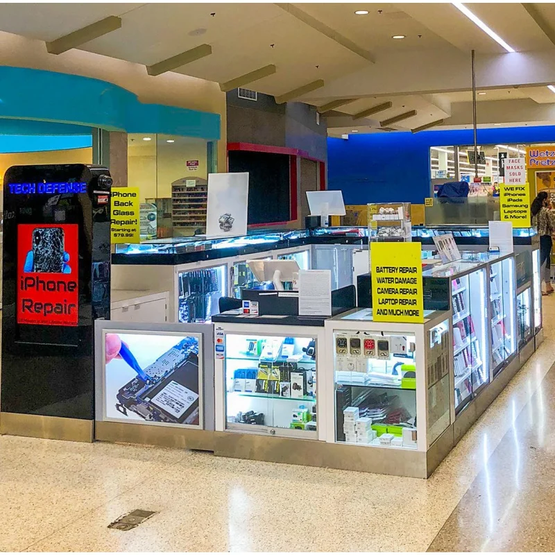 Benutzer definierte, profession elle Telefon Reparatur Kiosk Telefon Store Display Vitrine LED Handy Zubehör Kiosk für Einkaufs zentrum