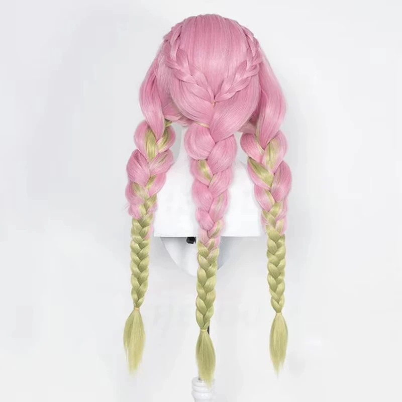 Anime Cosplay Wig Long Pink Green Braid Heat Resistant Hair Authentic Role Playing Wigs + Wig Cap