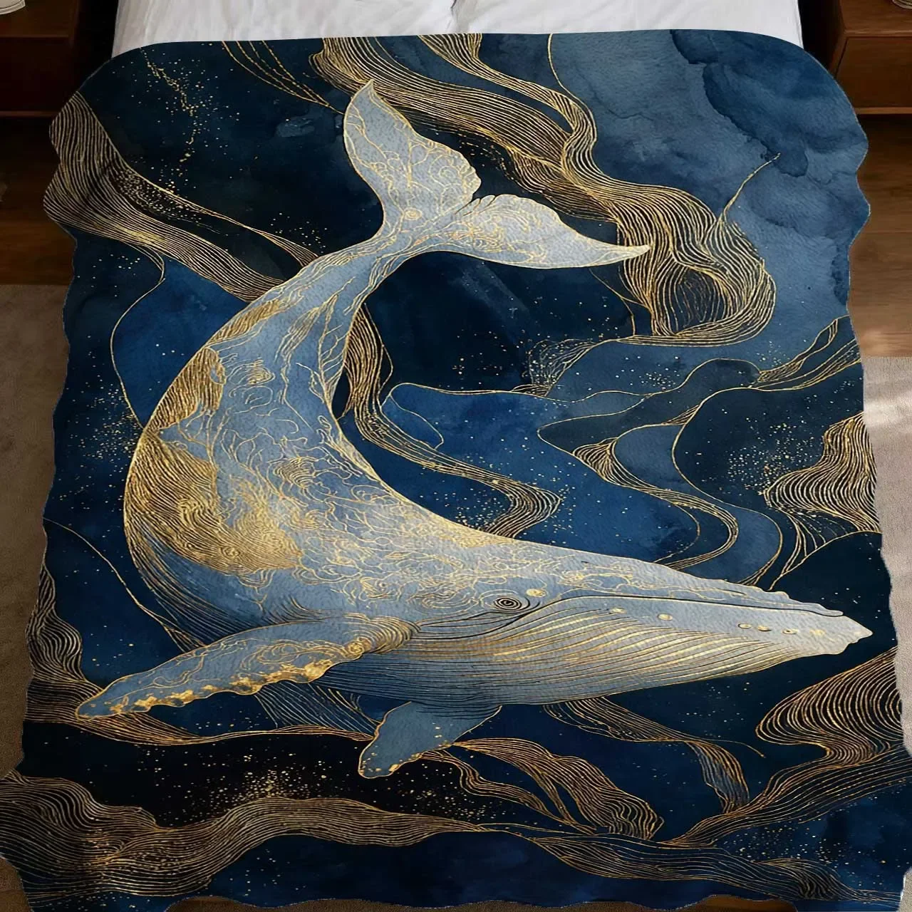 Luxurious Blue Whale Ocean Art Throw Blanket Deep Sea Watercolor Print Cozy Home Decor Gift 150x230cm