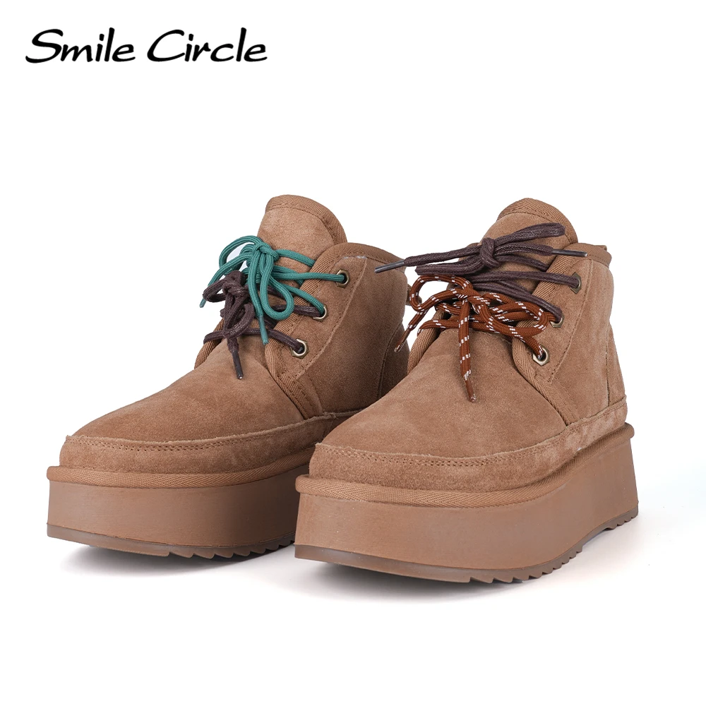 Smile Circle Winter Snow Boots Women Suede Leather Lace Up Platform Boots Warm Fashion Casual Shoes