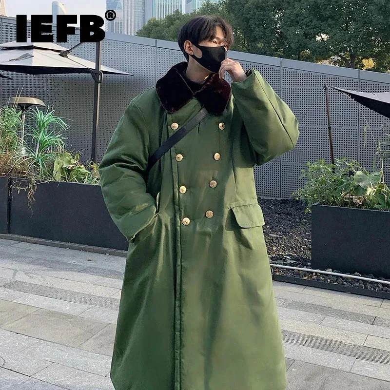 IEFB Niche Design Men\'s Padded Jackets Fur Collar Chic Button Long Double Breasted Casual Thickened Solid Color Male Coat 9C8287