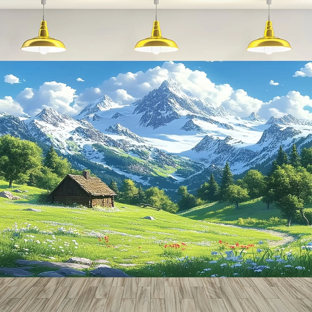 Alpine Mountain Landscape Tapestry Wall Hanging Rustic Cabin Scene Nature Mural Decor Art for Home Bedroom Living Room