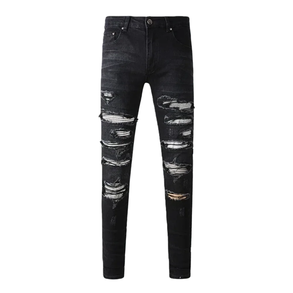 

High-quality honeycomb version jeans, with irregular perforated patchwork design, classic aluminum zipper, and black high street