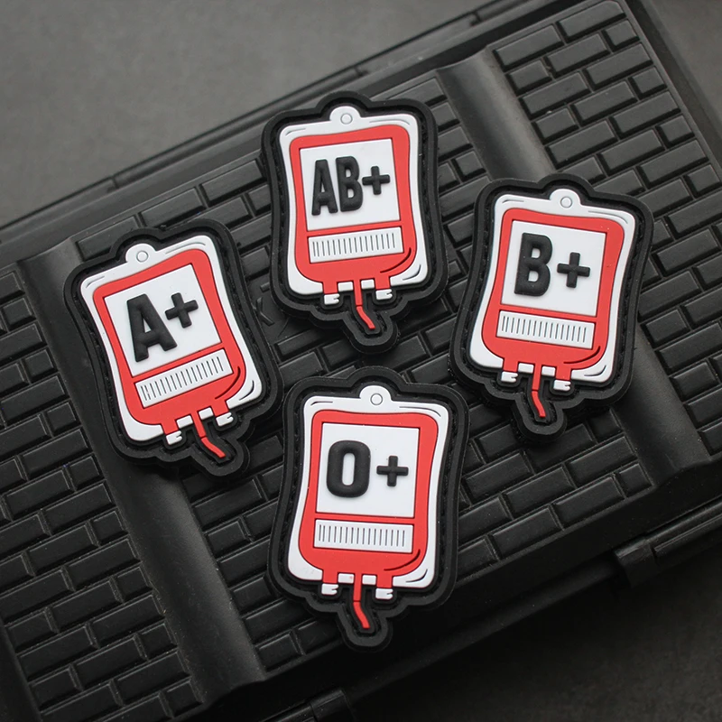 First Aid Blood Bag Style PVC Patch Rubber Blood Type A+ B+ AB+ O+ Outdoor Backpack Accessory Stamp for Clothes Backpack Decor